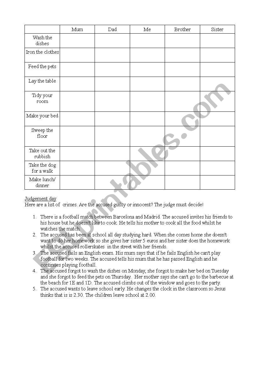 Household tasks worksheet