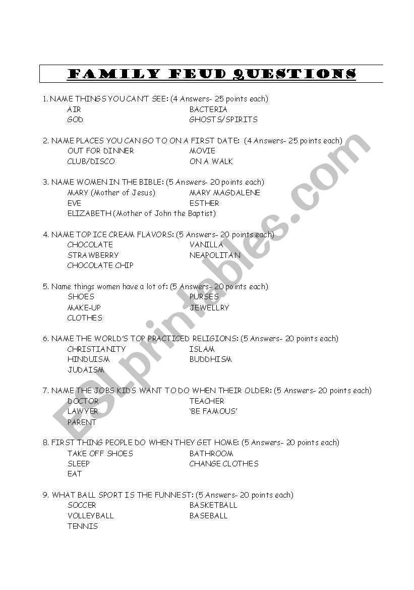 Family Feud worksheet