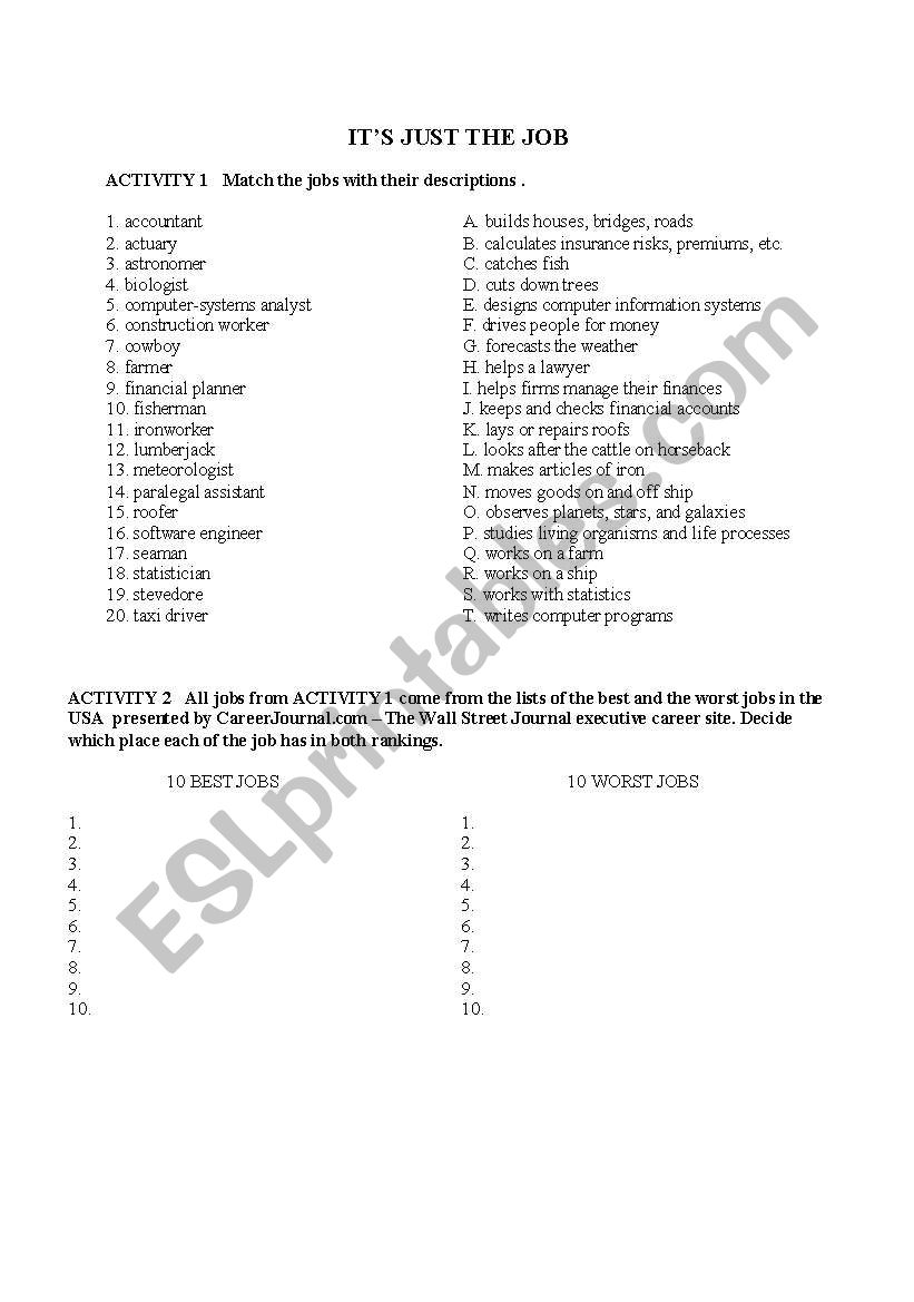 Job - lesson plan worksheet