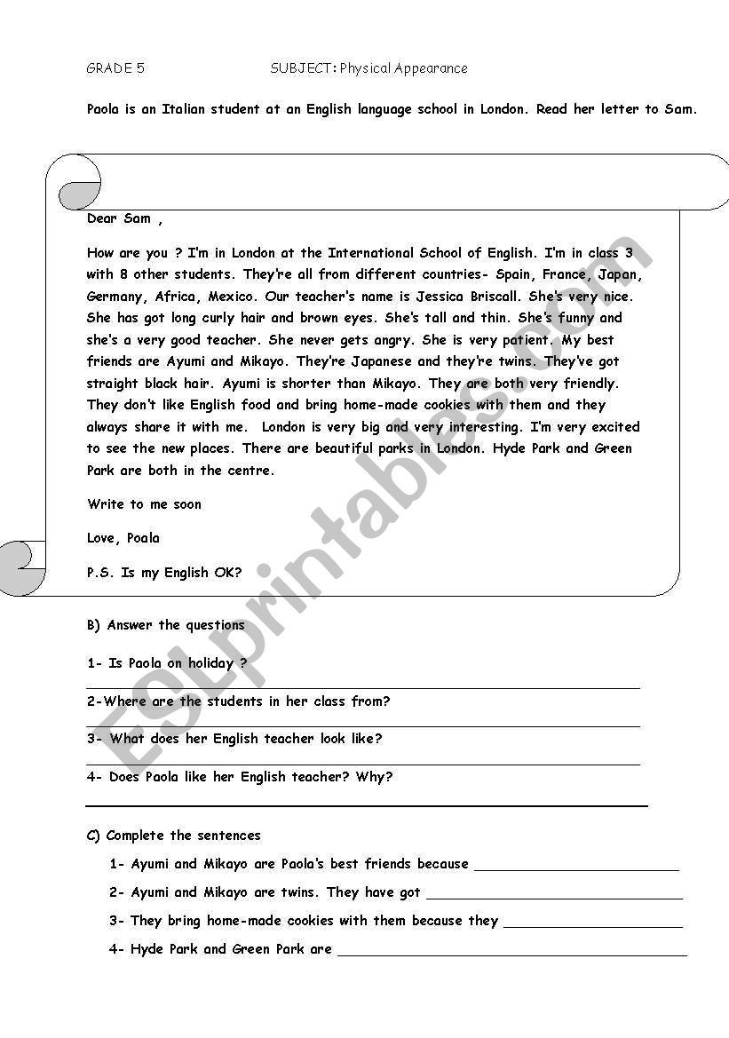physical appearance worksheet