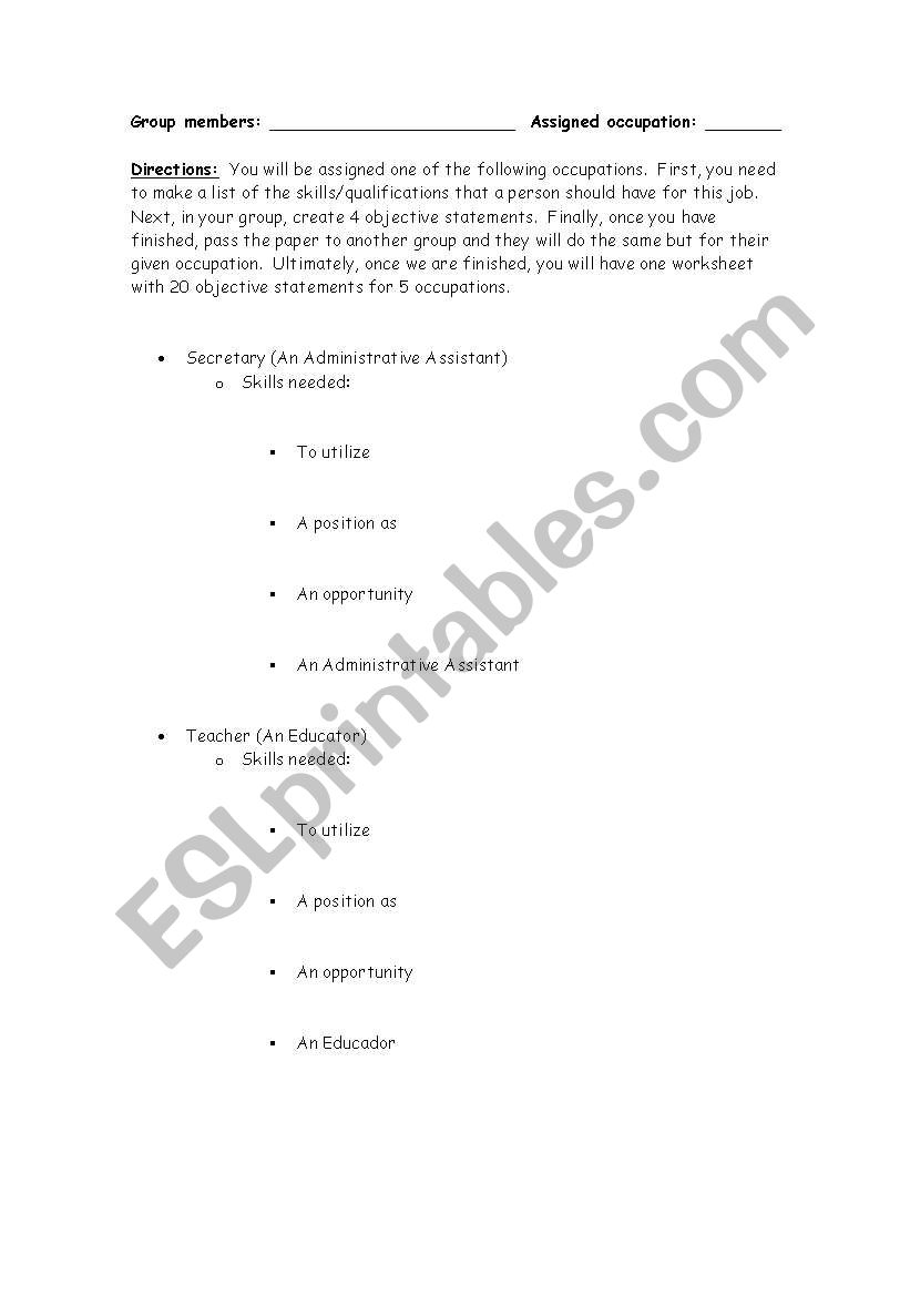 English worksheets: Résumés: Creating Objective Statements