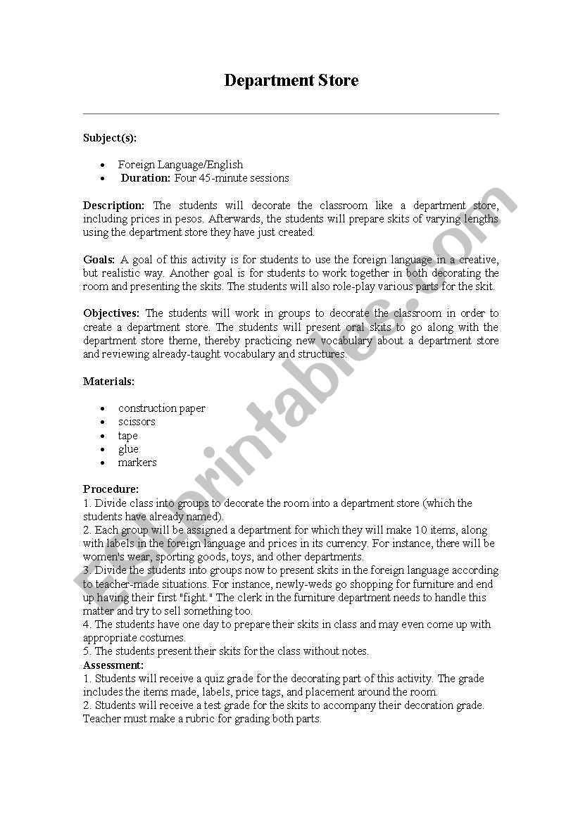 Department store worksheet