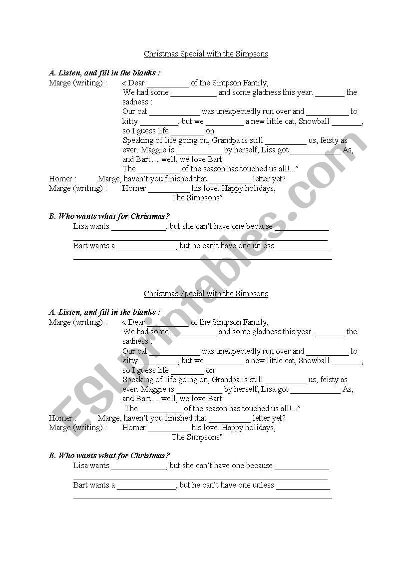 Video Xmas with the Simpsons worksheet