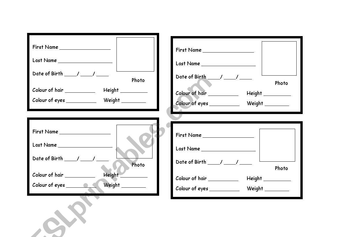 Identity Card worksheet