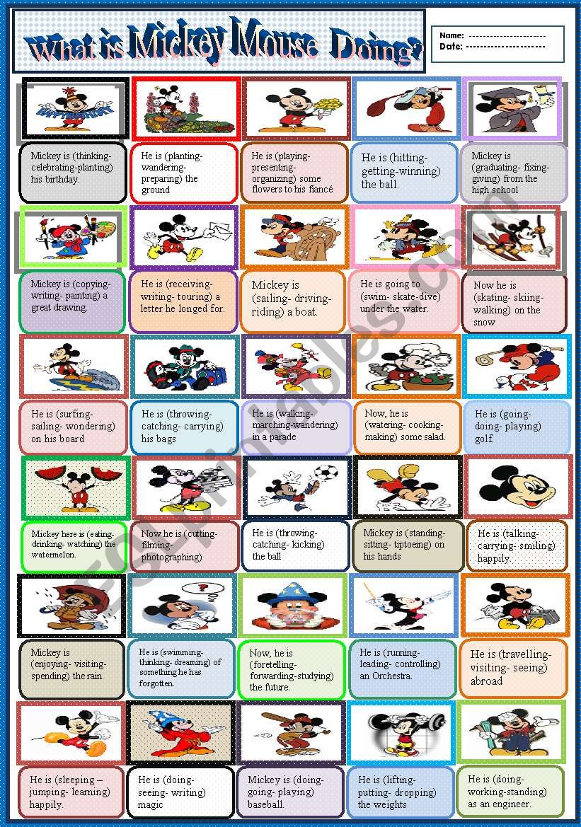 What is Mickey Mouse doing? (action verbs)