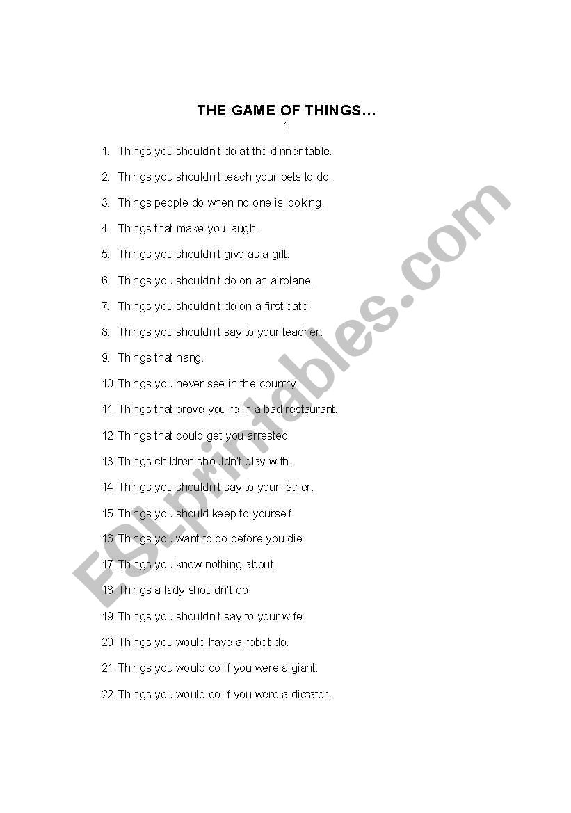 The Game of Things worksheet