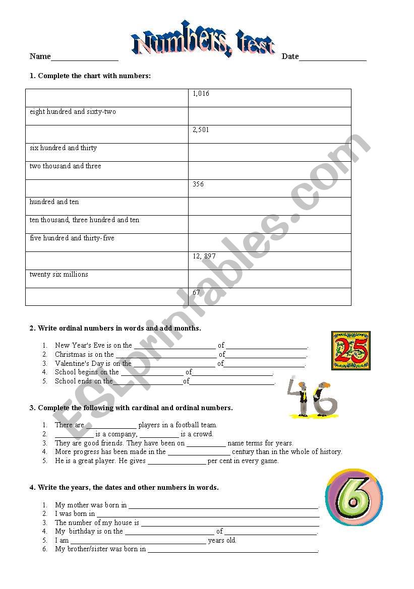 numbers, test worksheet