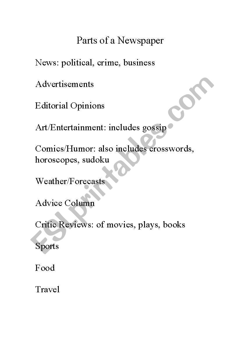 Parts of a Newspaper worksheet