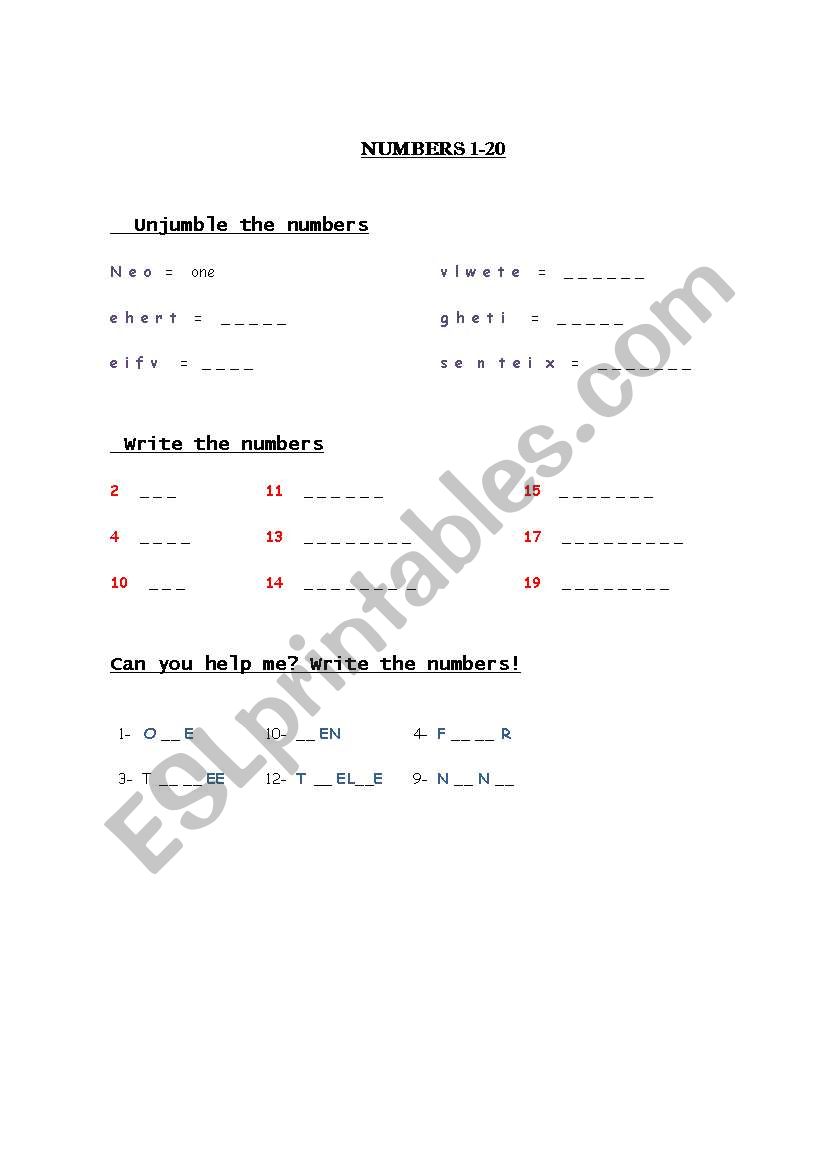 Numbers 1-20 worksheet