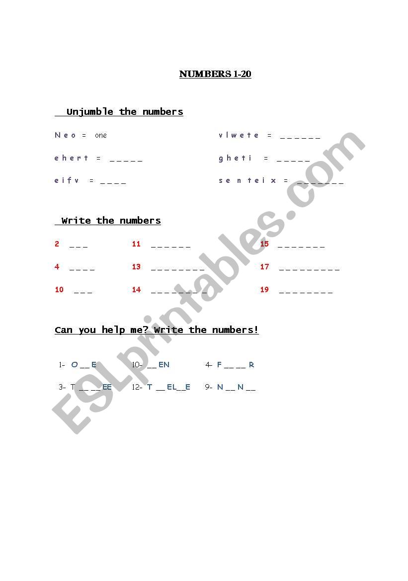 Numbers 1-20 worksheet