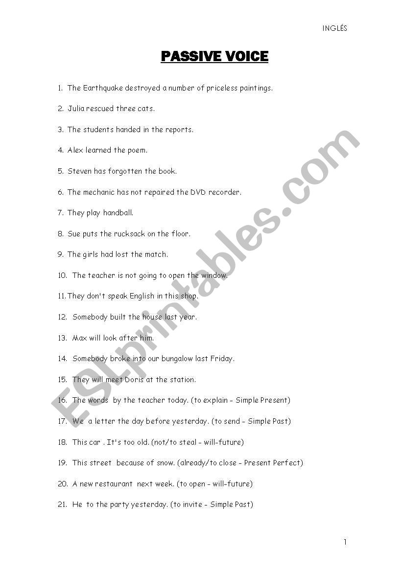 Passive Voice extra exercises worksheet