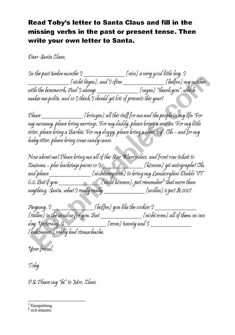 Letter to Santa: Sample letter (fill in verbs) + writing task