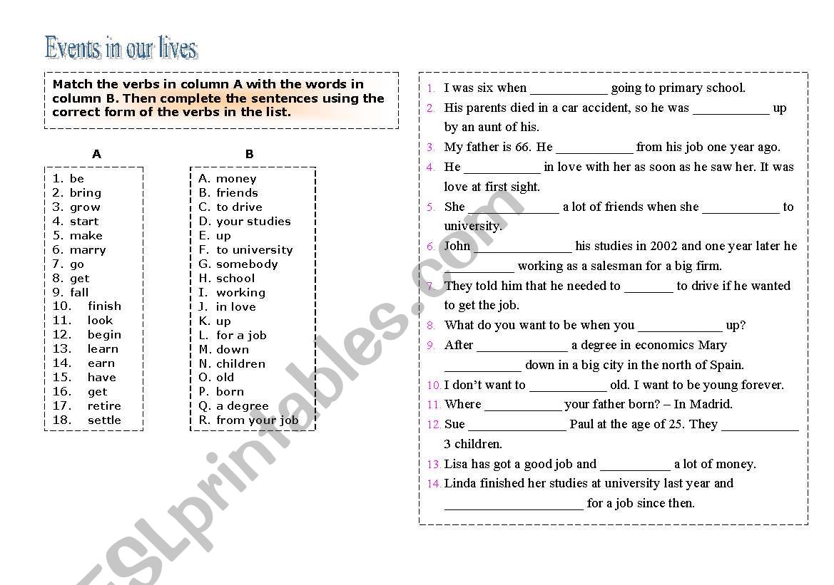 events in our lives worksheet