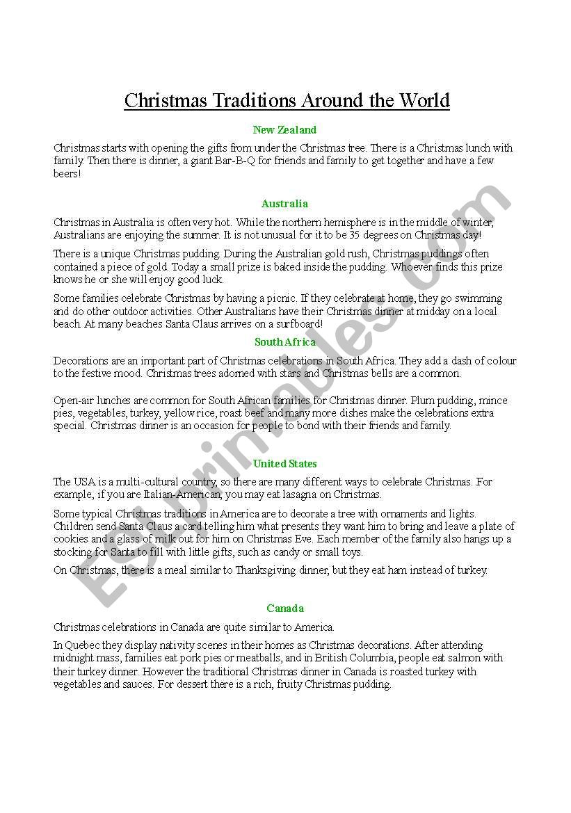 Christmas In English Speaking Countries Worksheets
