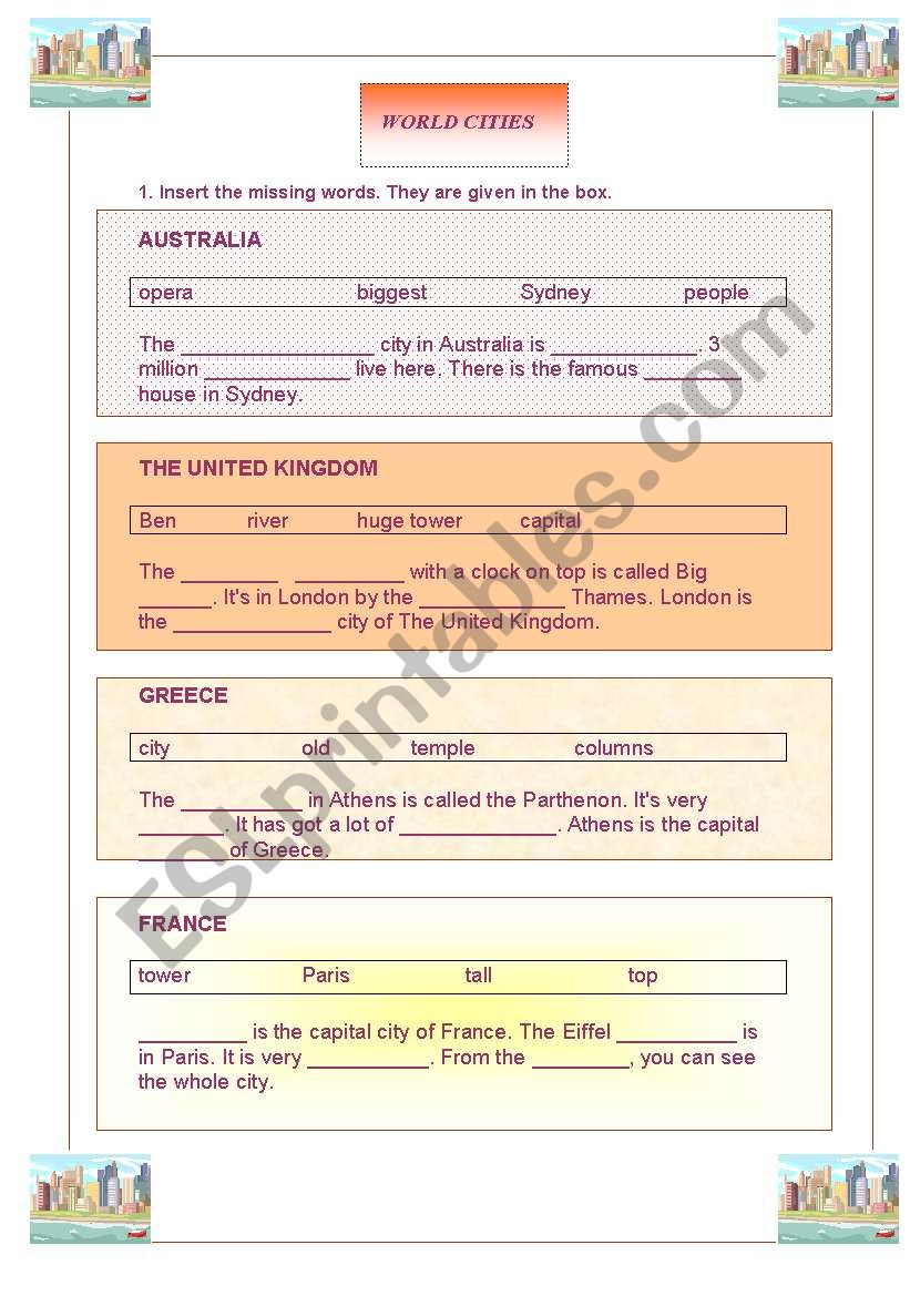 vocabulary exercise on some world cities