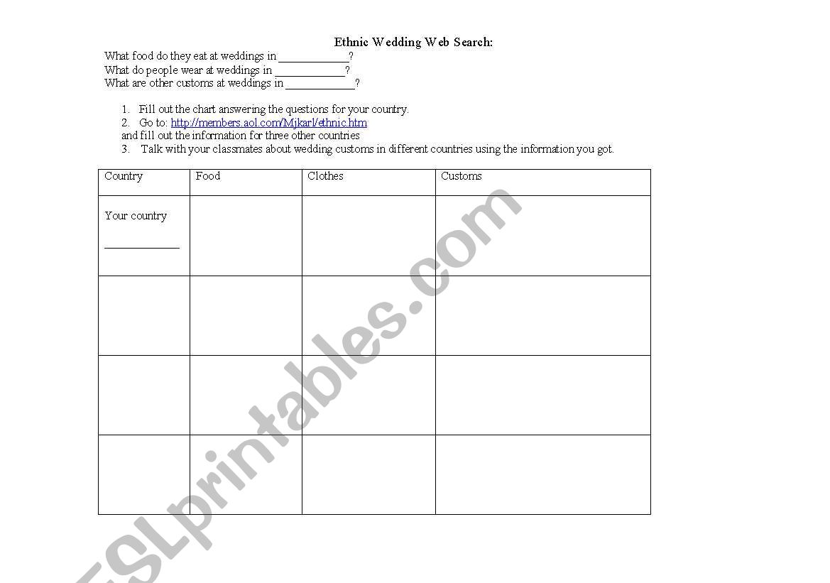 Ethnic Wedding Web Search worksheet