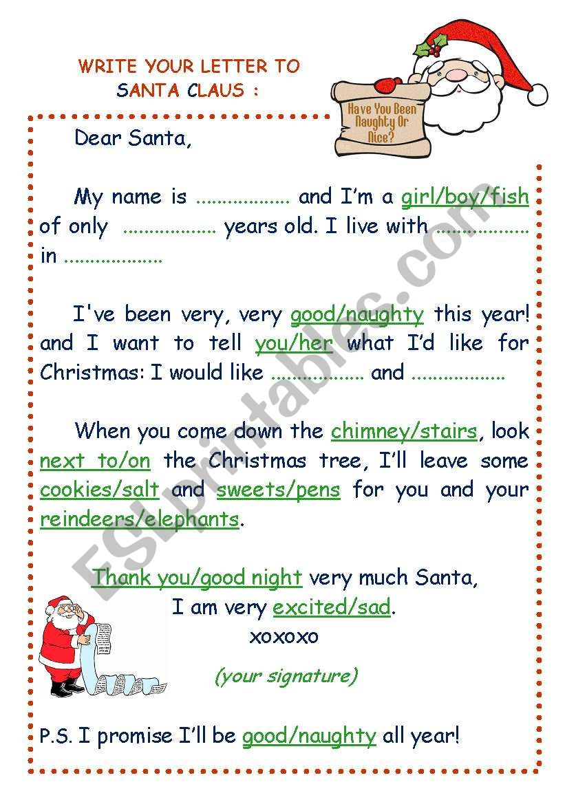 Write your letter to Santa Claus - ESL worksheet by estelle25