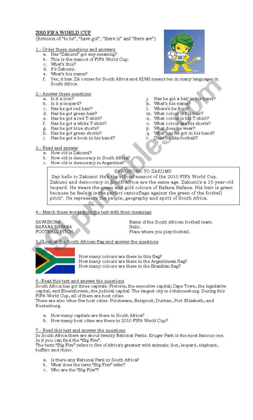 SOUTH AFRICA 2010 worksheet