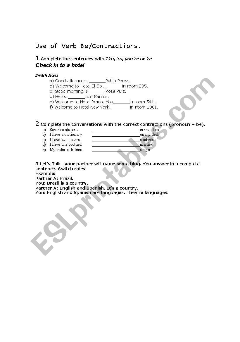 Use Of Verb Be-Contractions worksheet