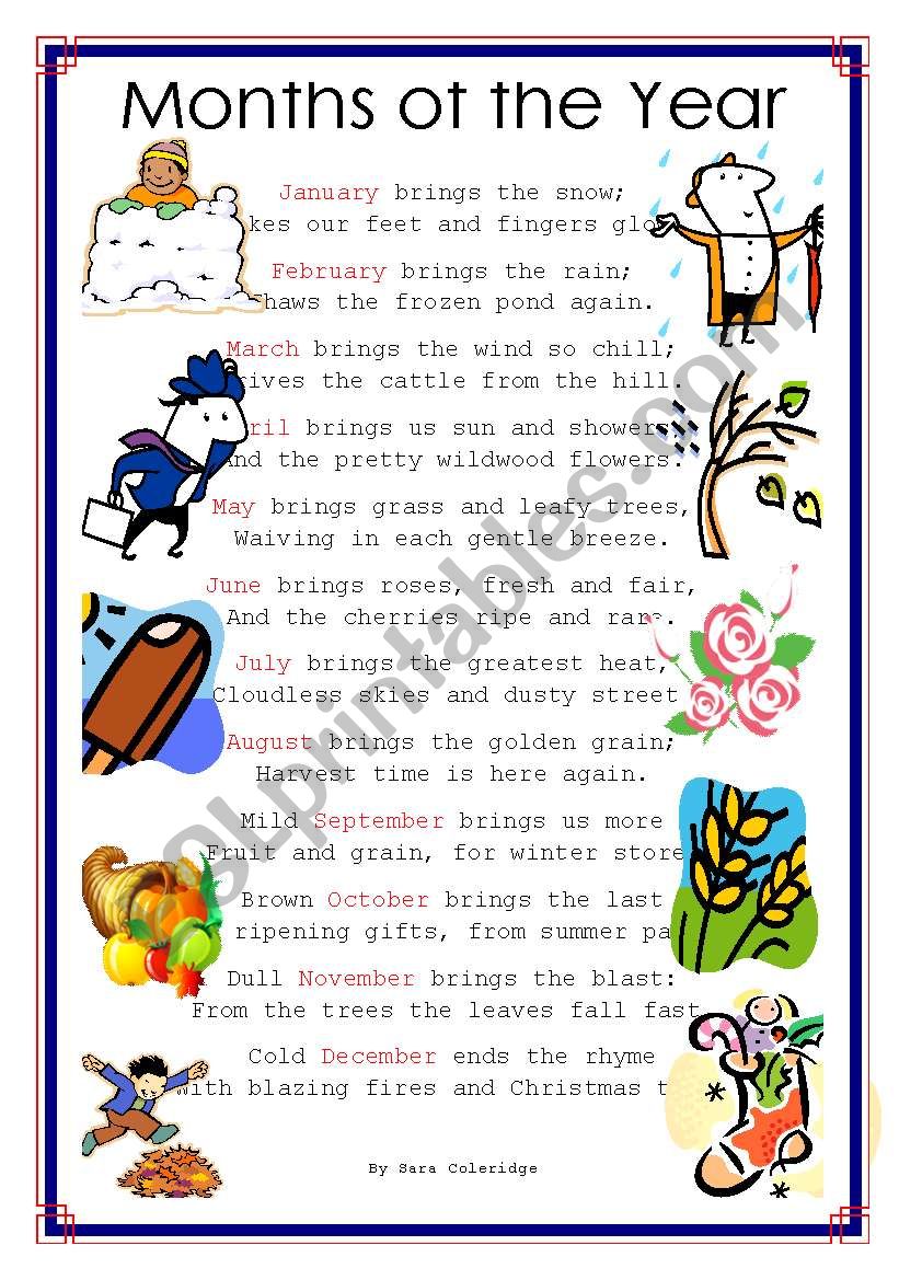 months of the year poem worksheet