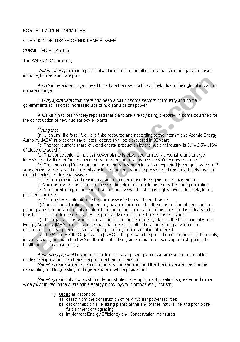 MUN Resolution on the usage of nuclear energy