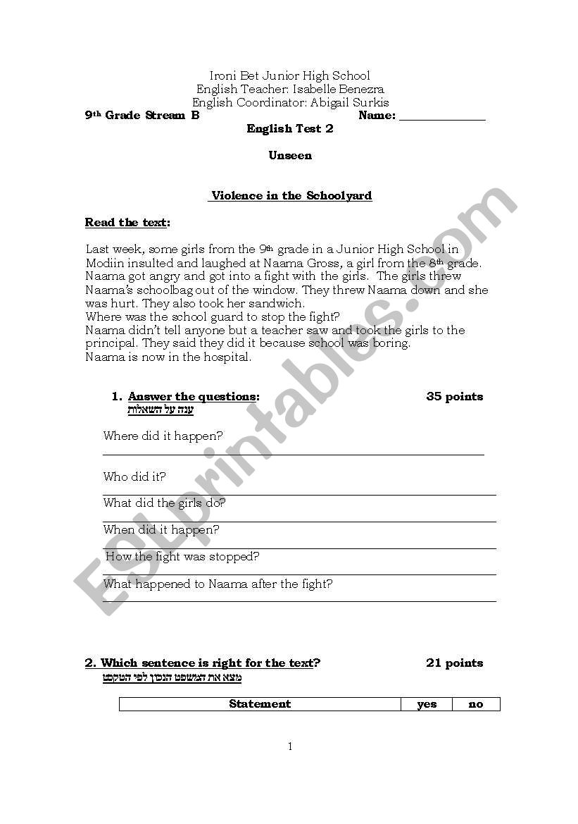 violence in the schoolyard worksheet