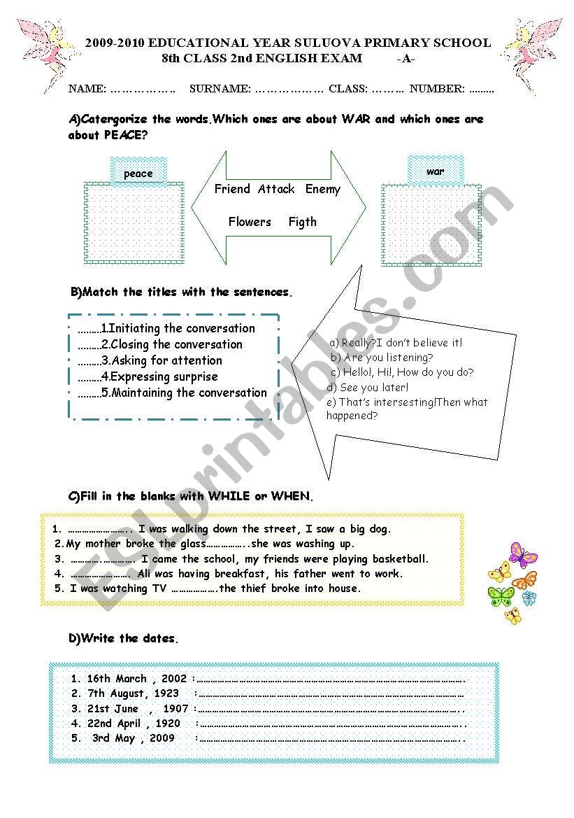 8th grade english exam worksheet