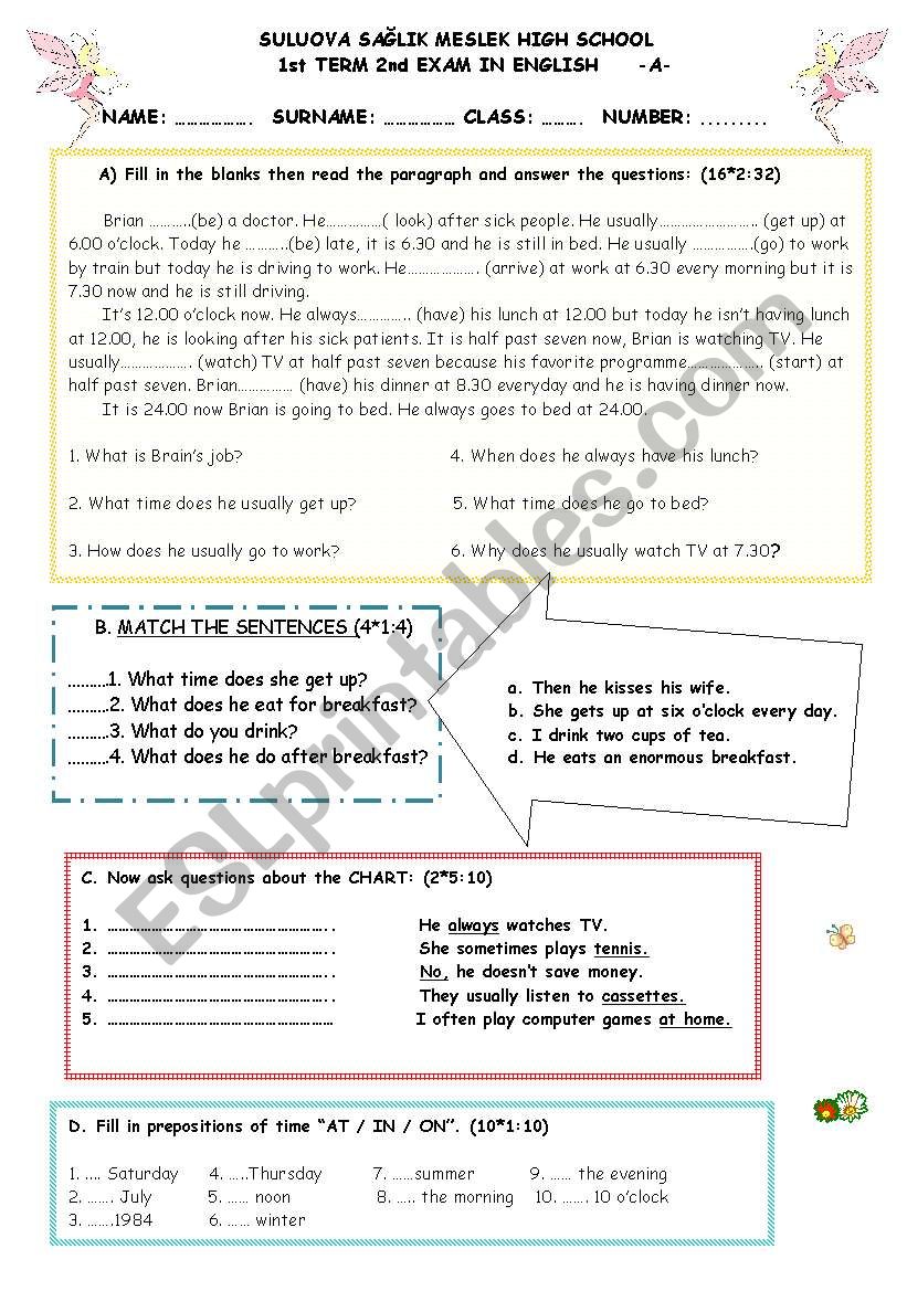 9th grade second english exam worksheet