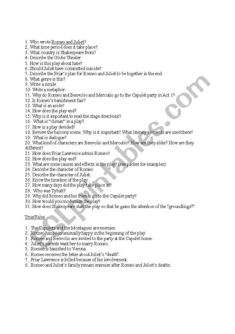 Romeo and Juliet Study Guide worksheet