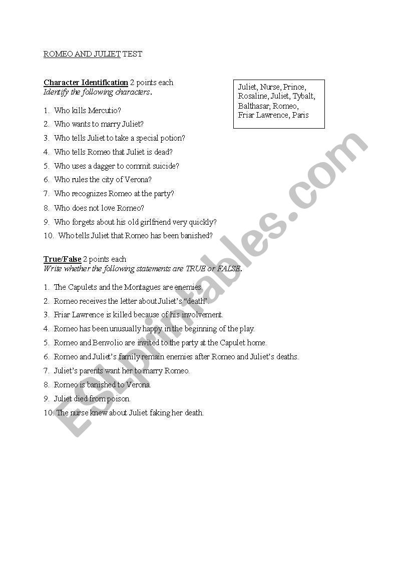 Romeo and Juliet Test worksheet