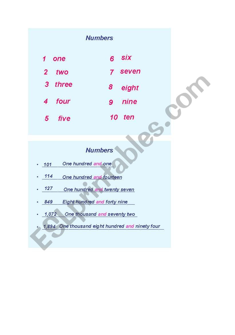 numbers  worksheet