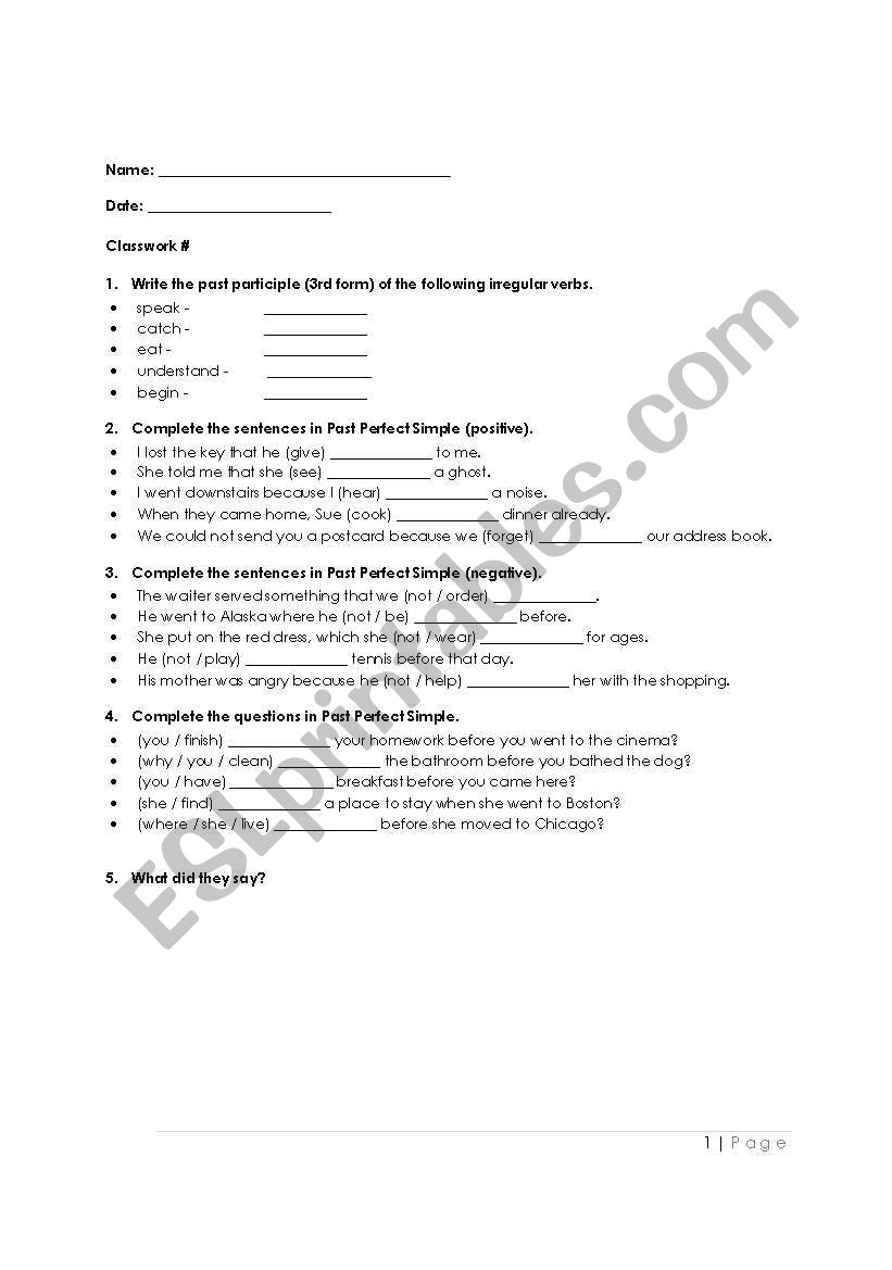 PAST PERFECT EXERCISES worksheet