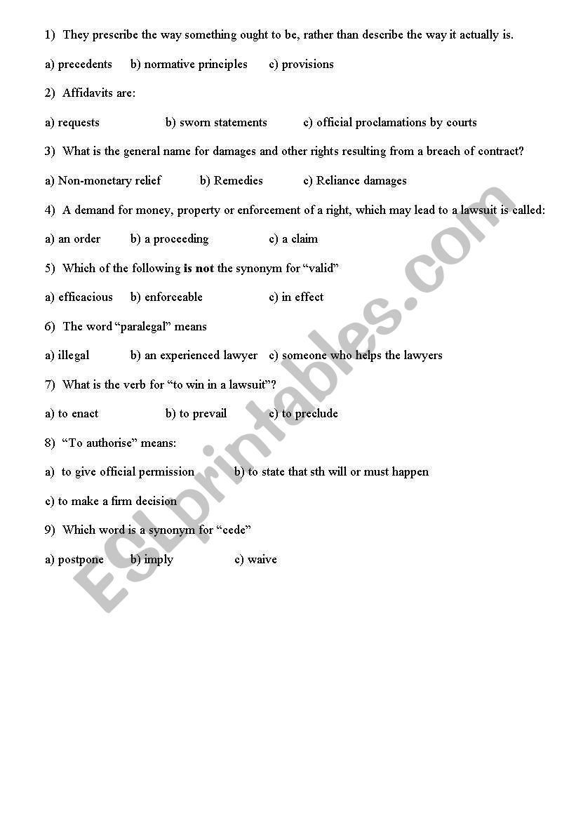 legal english quiz worksheet
