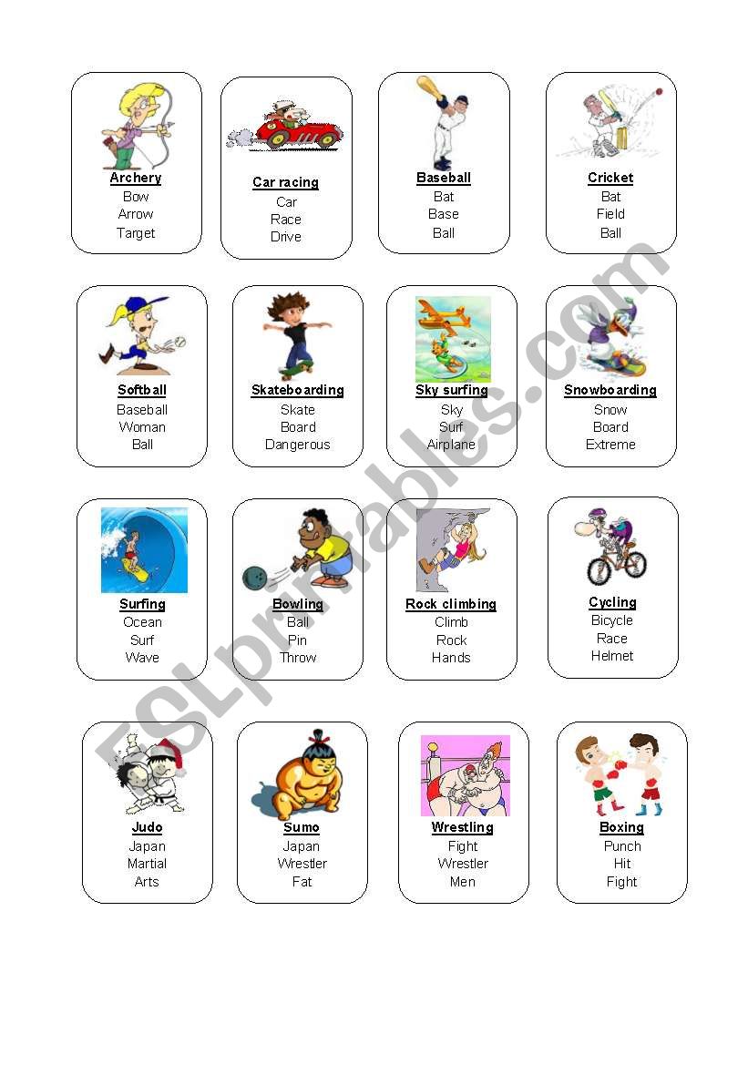 Sports Taboo cards 1/2 worksheet