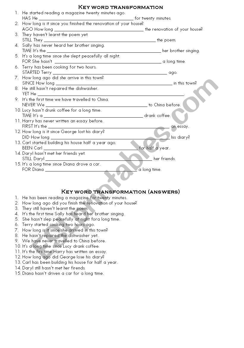 key word transformation worksheet