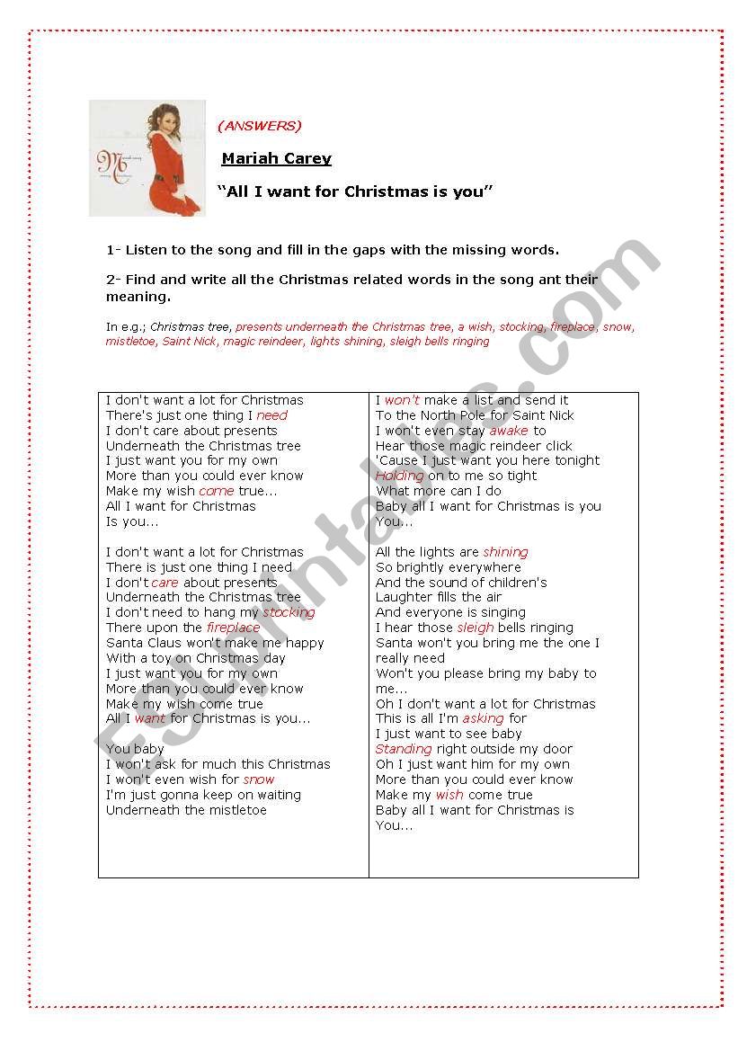 Christmas Song All I Want For Xmas Is You By Mariah Carey Esl