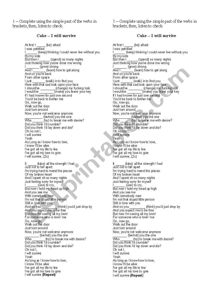 Cake _ I will survive worksheet