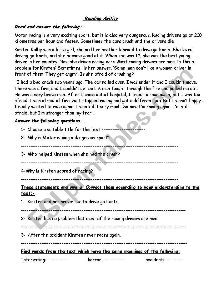 Motor racing worksheet