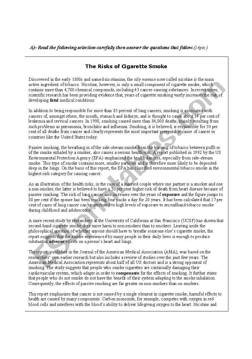 Passive Smoking worksheet