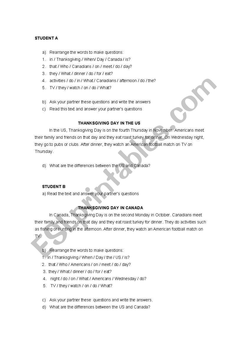 Thanksgiving Day worksheet