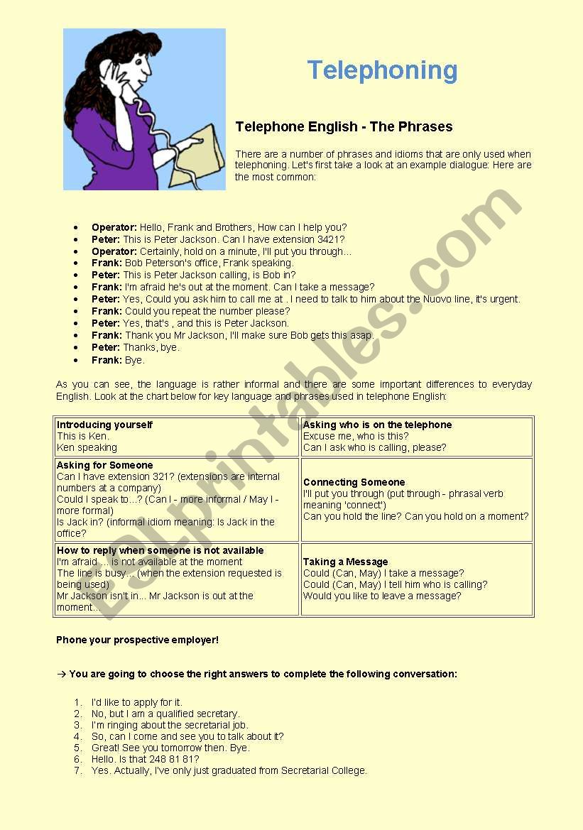 telephoning worksheet