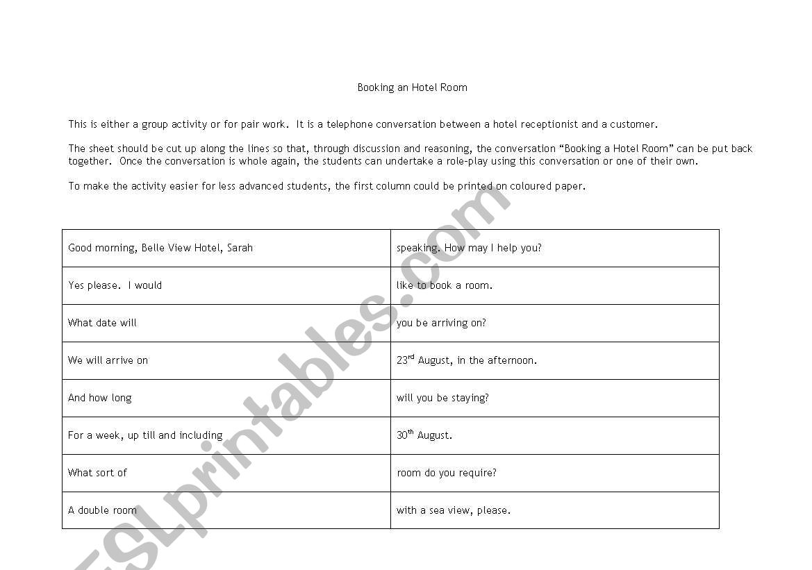Booking an Hotel worksheet