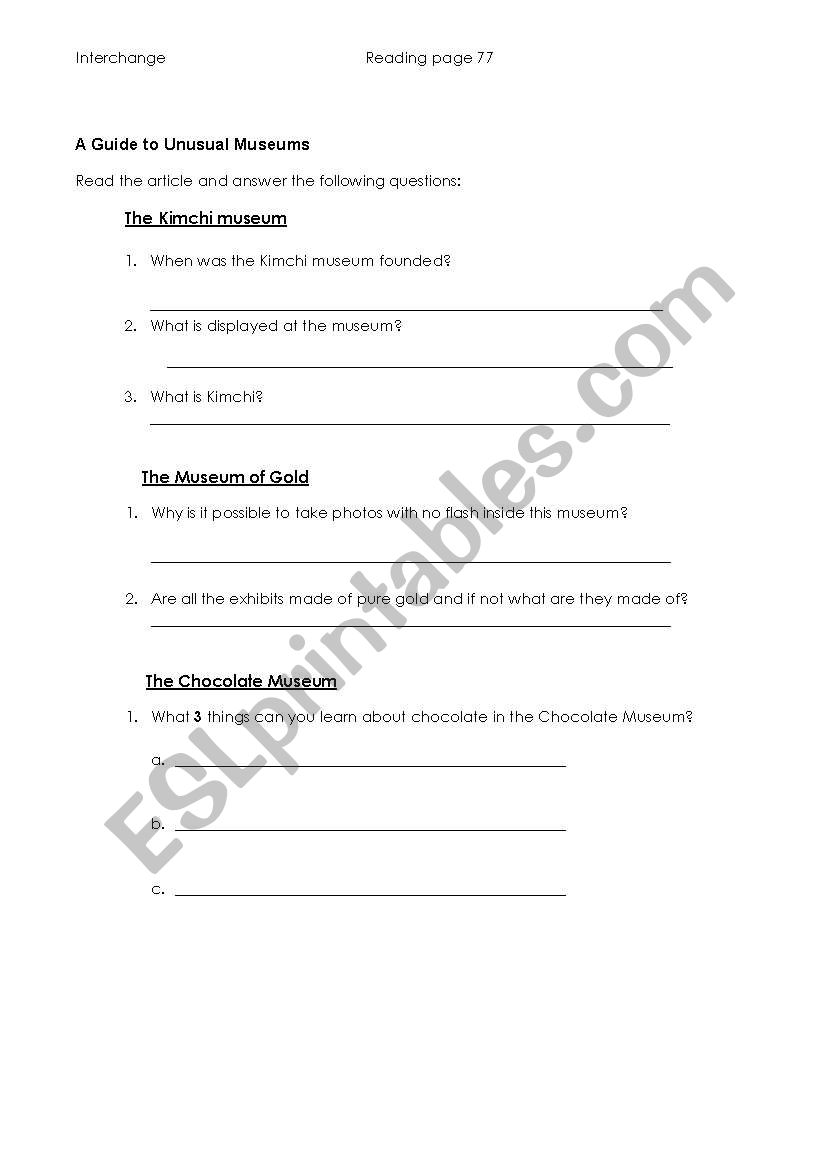 A Guide to Unusual Museums worksheet