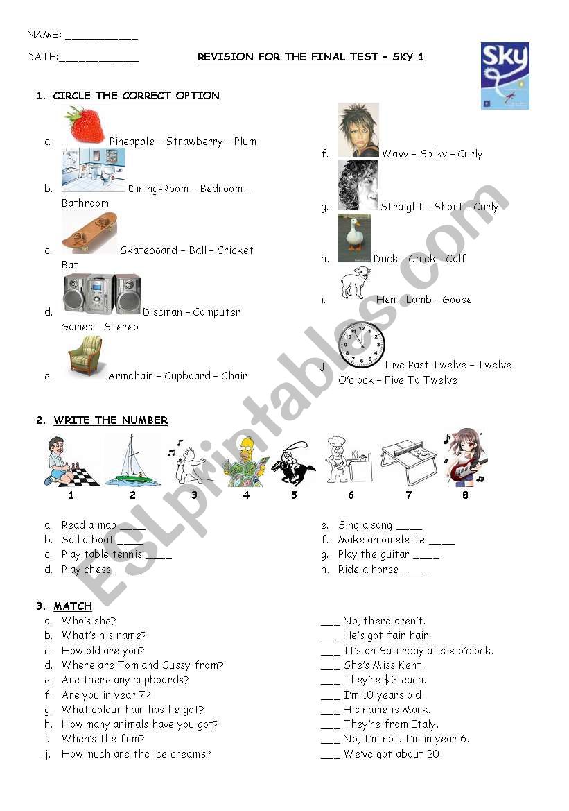 SKY 1 - Test units 1 to 30 worksheet