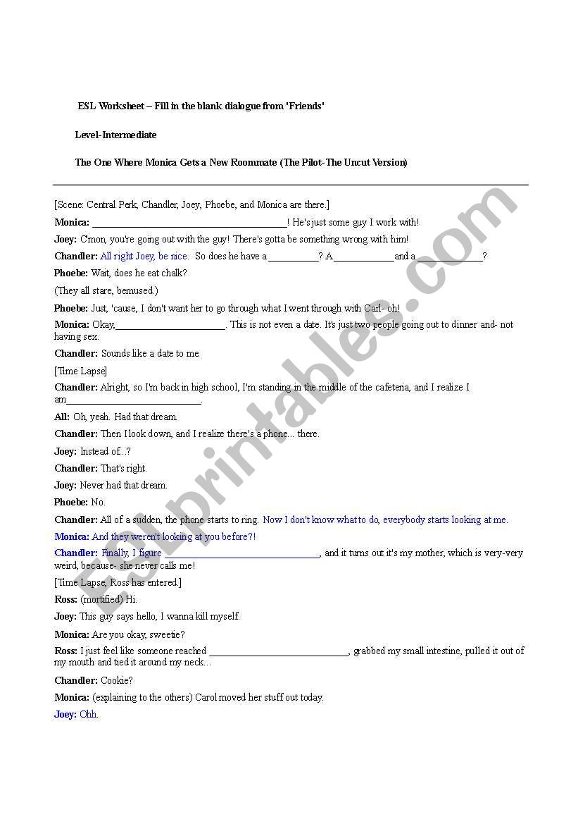 ESL Worksheet – Fill in the blanks dialogue from ´Friends´ - ESL ...