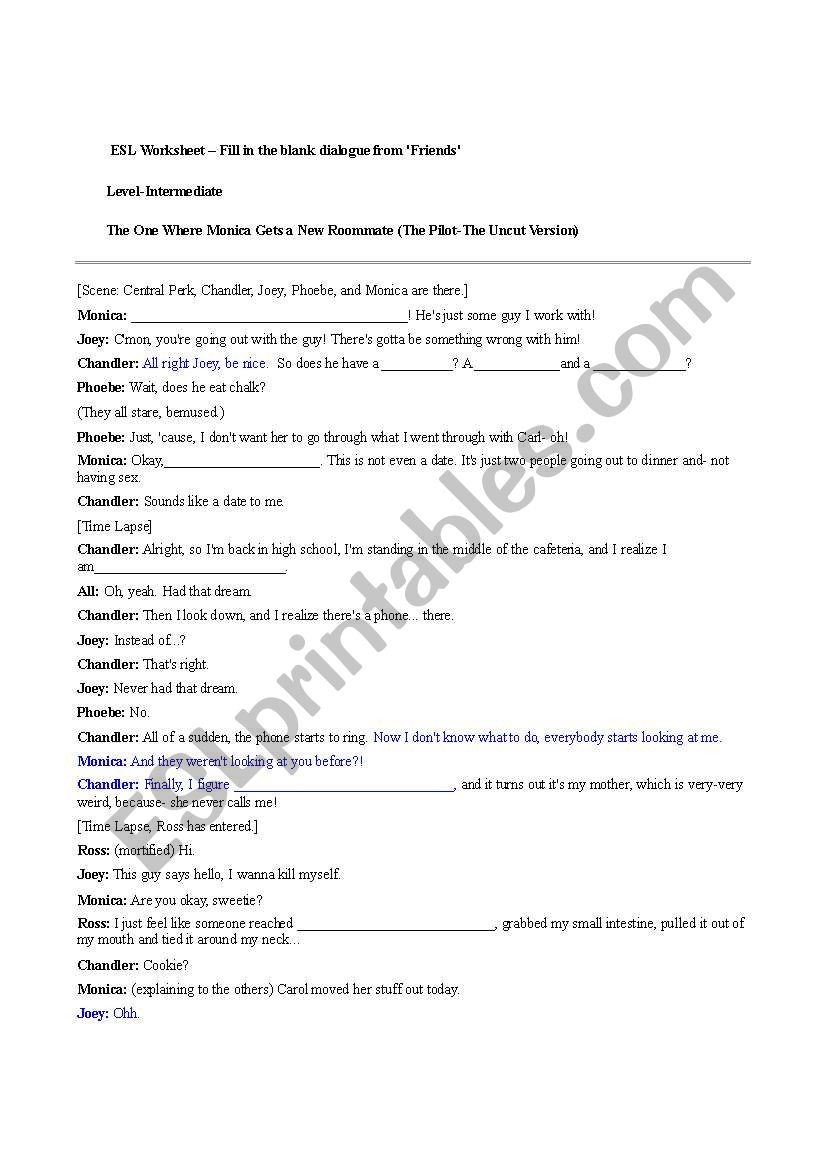 ESL Worksheet – Fill in the blanks dialogue from ?Friends? - ESL ...