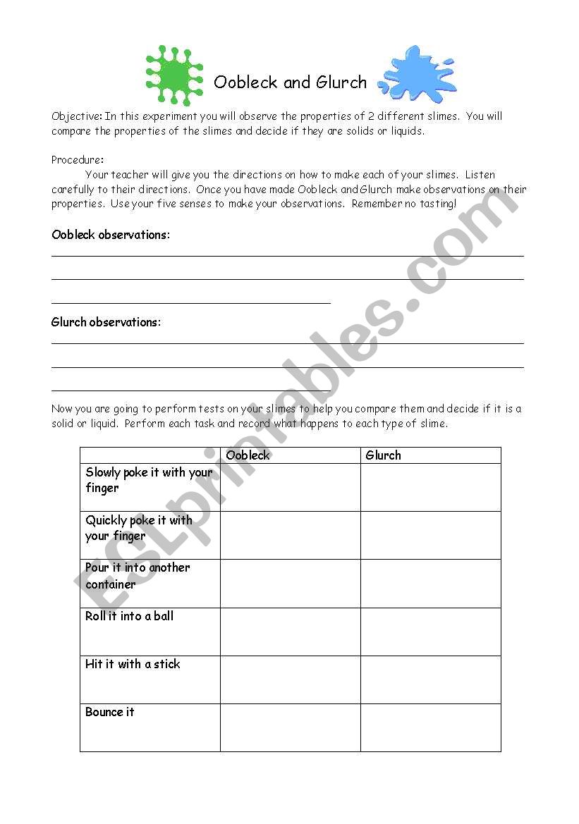 Oobleck and Glurch Student Sheet