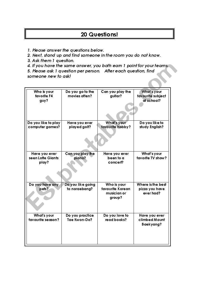 20 questions worksheet