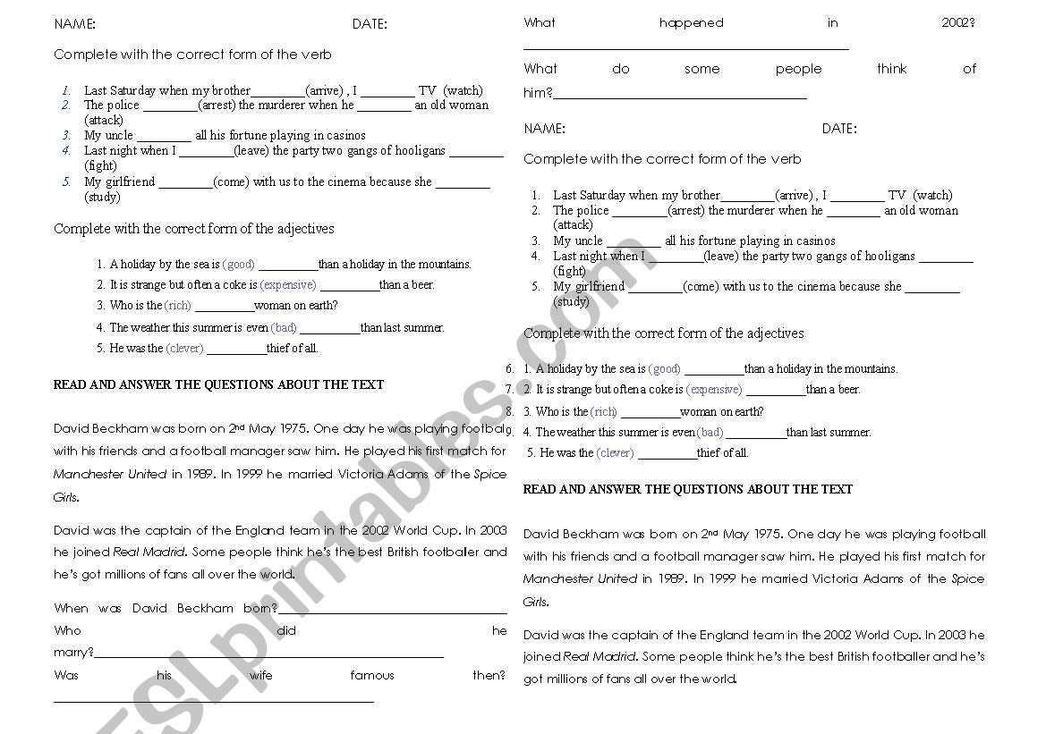 Test on past simple and continuous, comparative and superlative adjectives