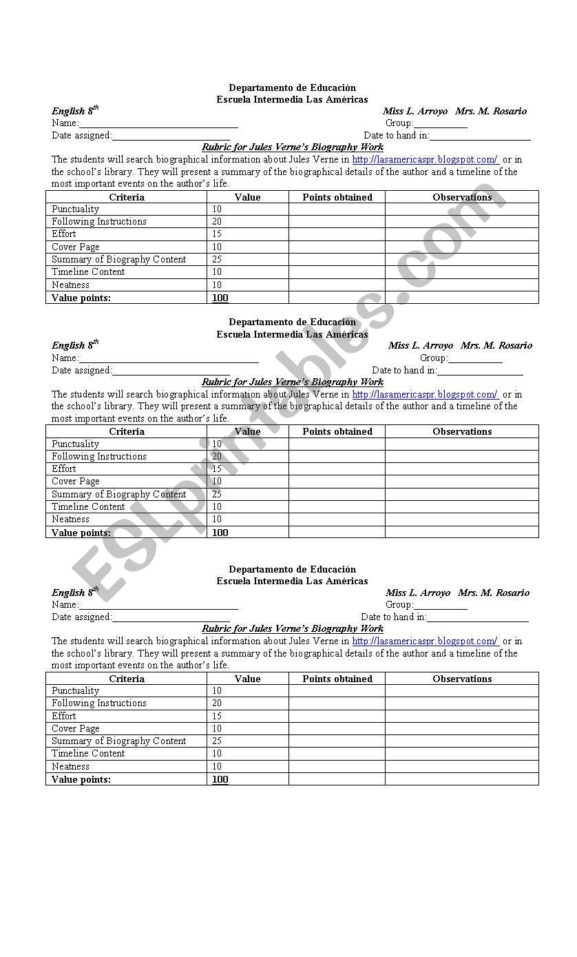 Rubric worksheet